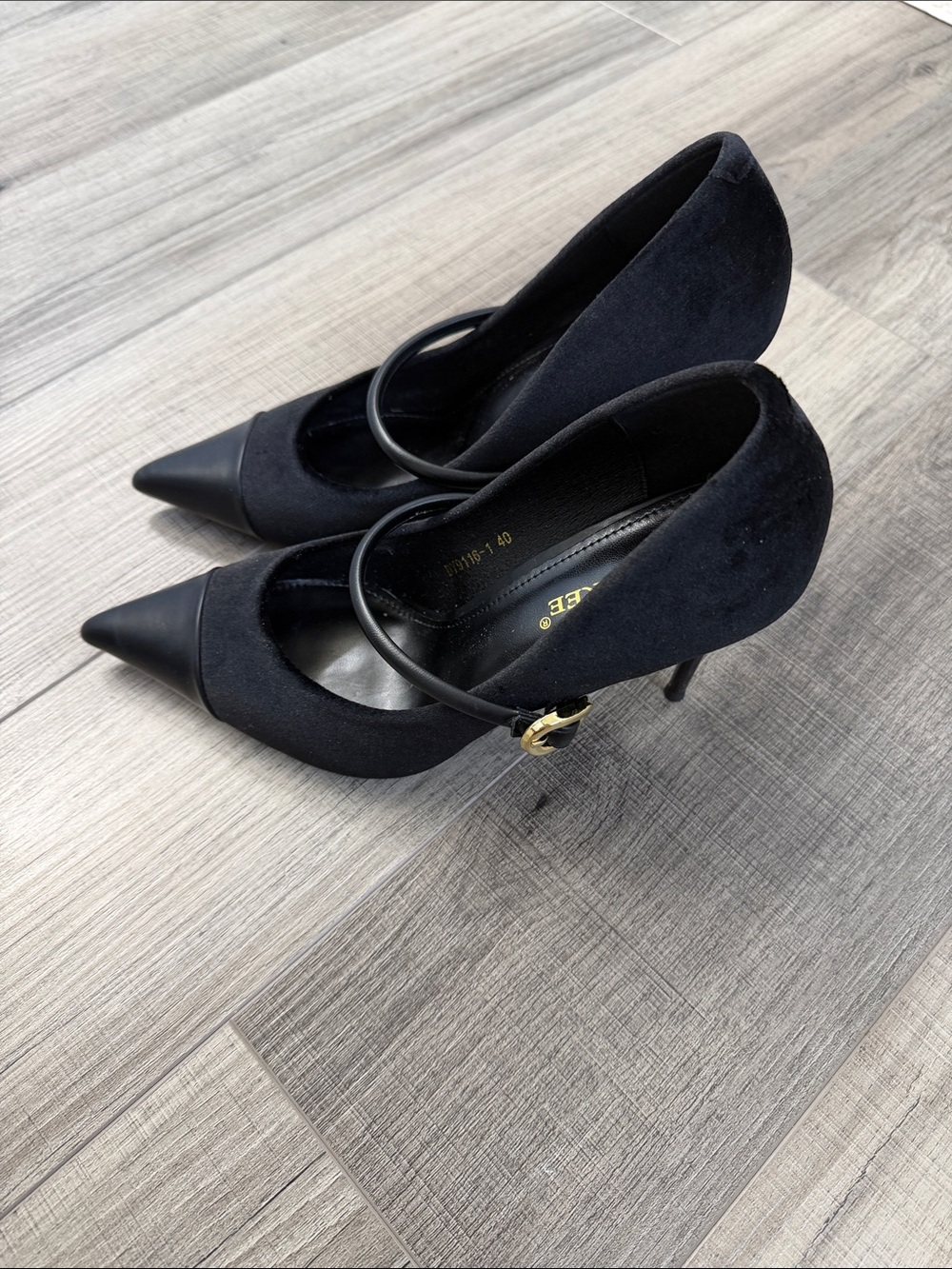 Black Pointed-Toe Stiletto Pumps with Gold Buckle - Picture 3 of 5